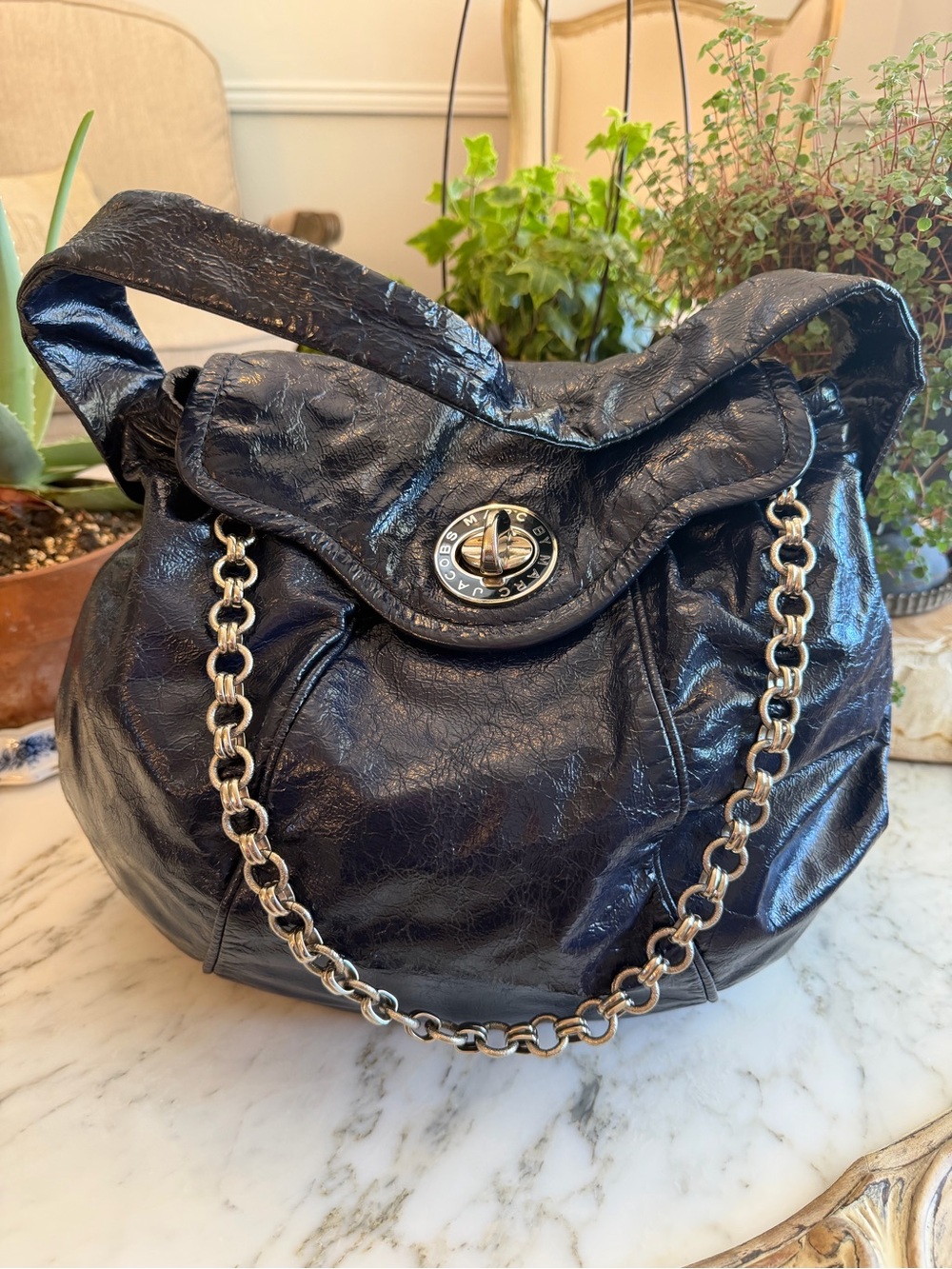 Marc Jacobs Navy Parent Leather Shoulder Bag Silver Chain